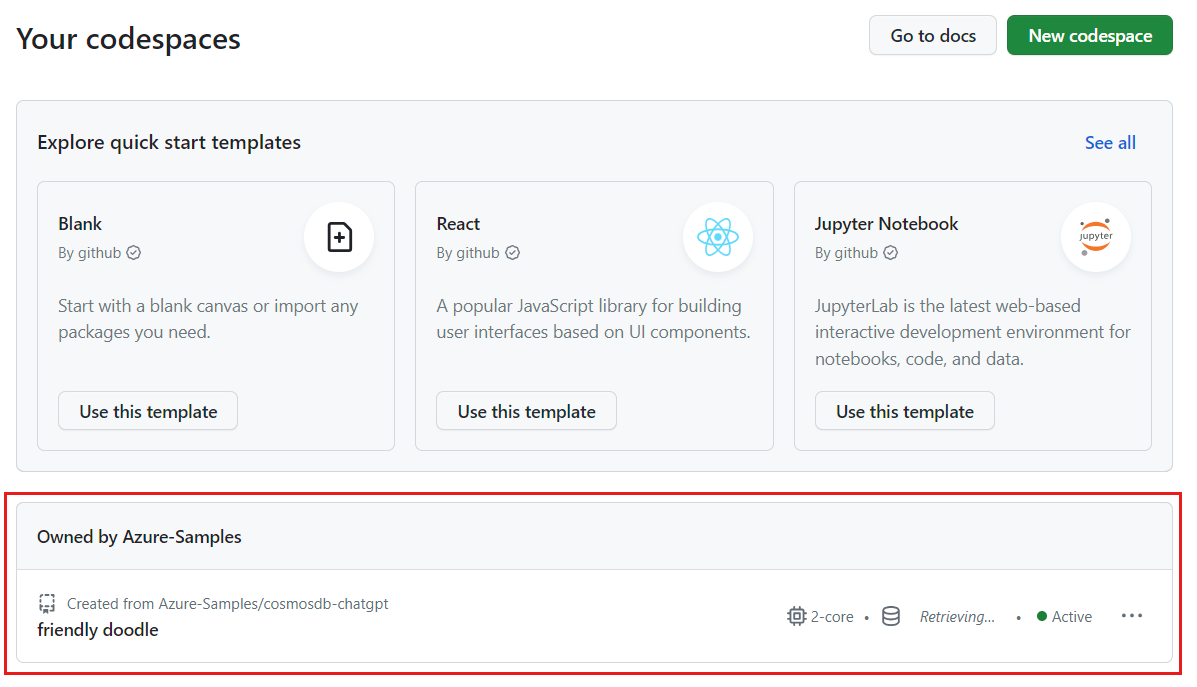 Schermopname van alle actieve devcontainers, inclusief hun status en sjablonen.
