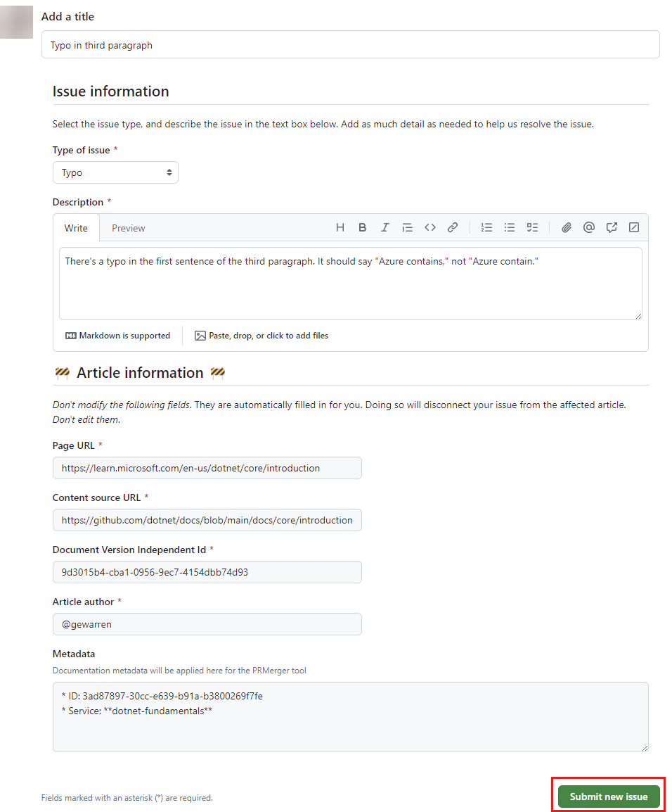 Schermopname van het formulier nieuw probleem in GitHub.