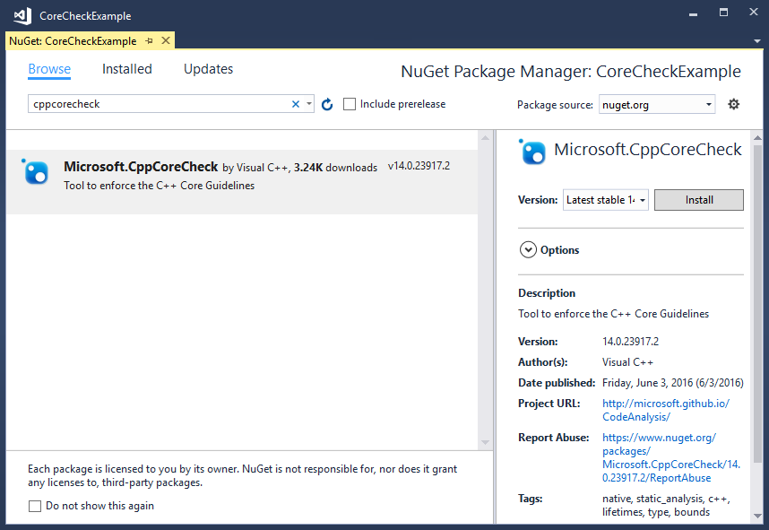 Nuget Package Manager-venster met het CppCoreCheck-pakket.