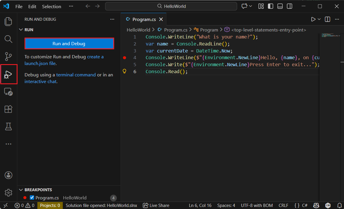 Open het tabblad Foutopsporing in Visual Studio Code