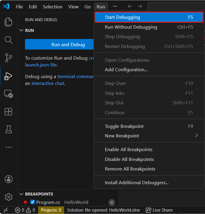 Debugging starten