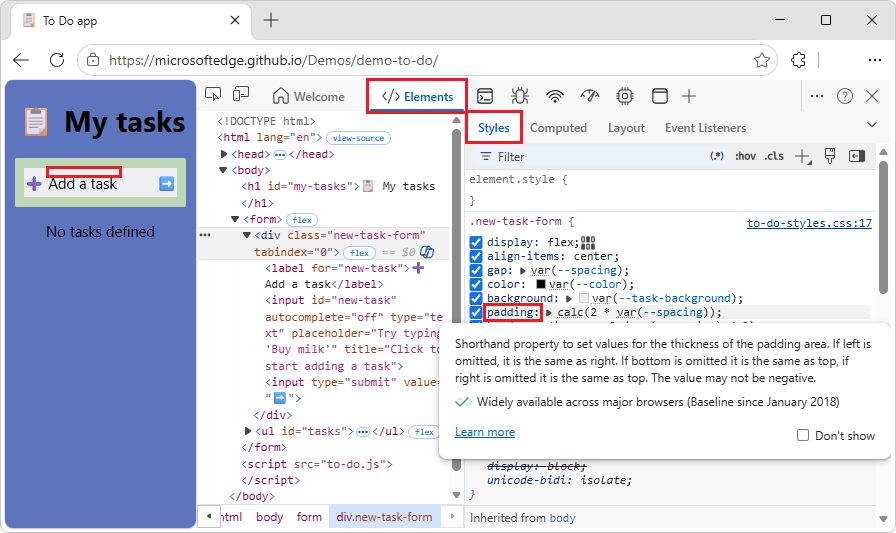 The tooltip with documentation on a CSS property