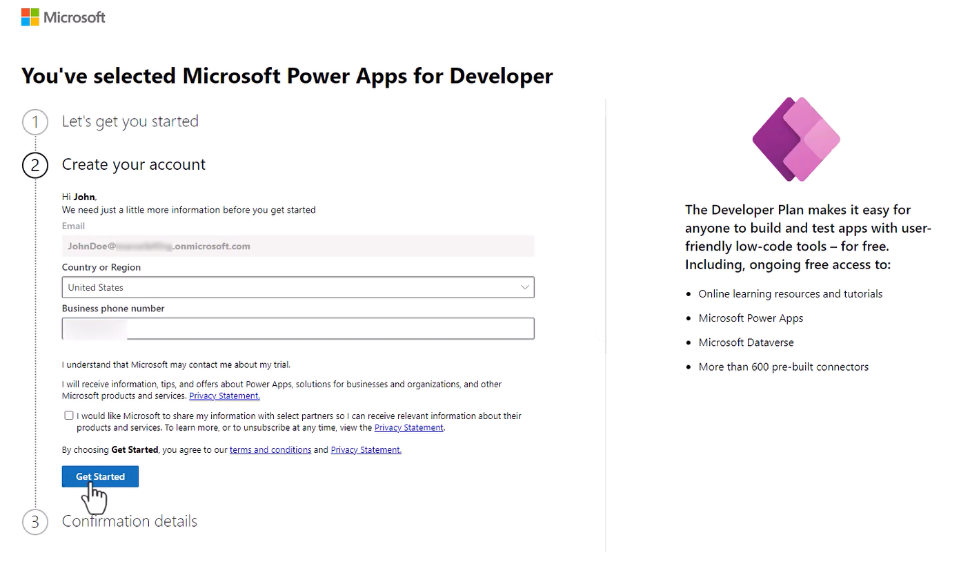 Screenshot of the Power Apps Developer Plan sign-up page.