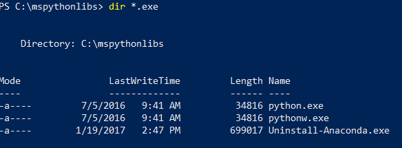 Schermopname van een PowerShell-terminal met de lijst met uitvoerbare Python-bestanden die het gevolg zijn van het uitvoeren van dir *.exe.