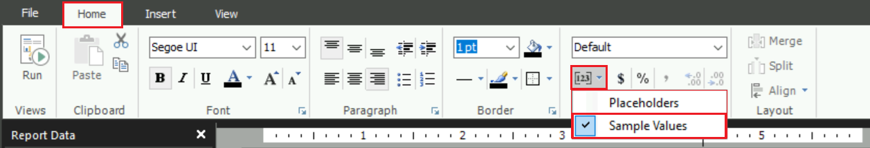Schermopname waarin wordt getoond hoe u de optie Voorbeeldwaarden selecteert voor tijdelijke aanduidingen in Report Builder.