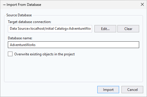 Schermopname van het dialoogvenster Database importeren in SSMS.