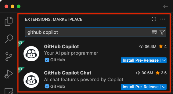Schermopname van de GitHub Copilot-extensie in Visual Studio Code.