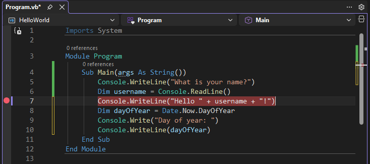 Schermafbeelding met een onderbrekingspunt op een regel code in Visual Studio.