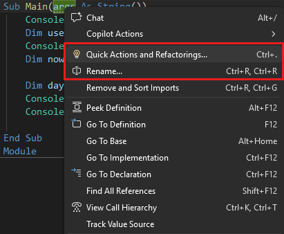 Schermopname van het menu Herstructureren in Visual Studio.