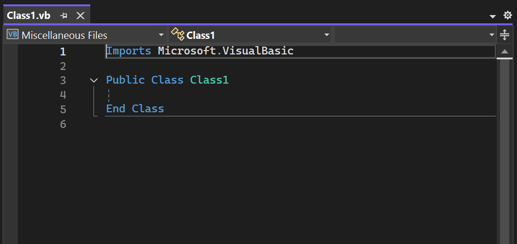 Schermopname van een nieuw Visual Basic klassebestand in de code-editor van Visual Studio.