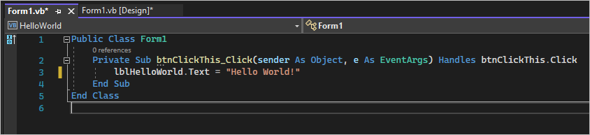 Schermopname toont een klasse op het tabblad Form1.vs waar u Visual Basic-code kunt toevoegen.