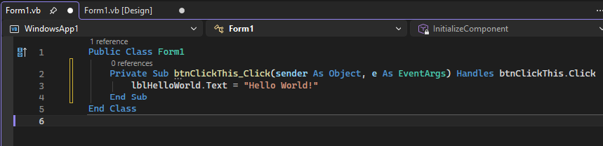 Schermopname toont een klasse op het tabblad Form1.vs waar u Visual Basic-code kunt toevoegen.