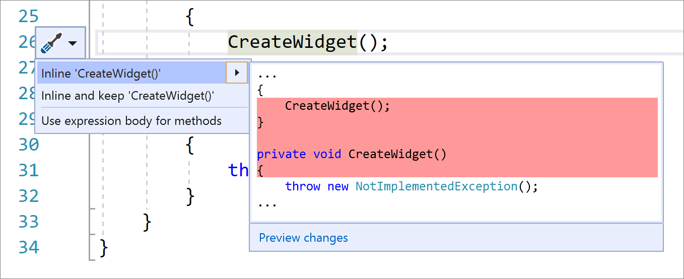 Schermopname van het menu Snelle acties en herstructureringen in Visual Studio met 'Inline 'CreateWidget()' geselecteerd en C#-codewijzigingen weergegeven.