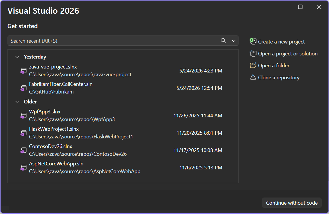 Schermopname van het startscherm wanneer Visual Studio wordt geopend.