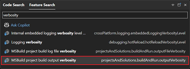 Schermopname van het gebruik van het zoekvak in Visual Studio.