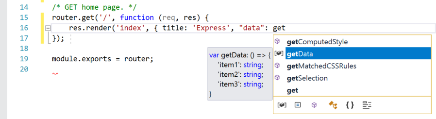 schermopname van een Visual Studio-codevenster met het woord 'get' dat wordt ingevoerd. IntelliSense-gegevens worden weergegeven voor alle functies die beginnen met 'get'.