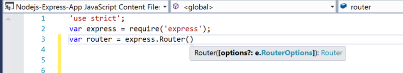 schermopname van een Visual Studio-codevenster met JavaScript-code die wordt ingevoerd. IntelliSense-informatie wordt weergegeven voor de functie Router().