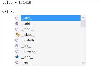 Schermopname die toont de voltooiingsopties voor private dunder-leden in de Visual Studio-editor.