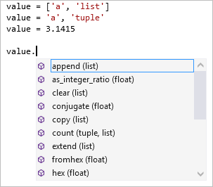 Schermopname die ledenvoltooiing voor meerdere typen in de Visual Studio-editor toont.