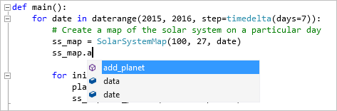 schermopname met codevoltooiingen voor Python-code in Visual Studio.