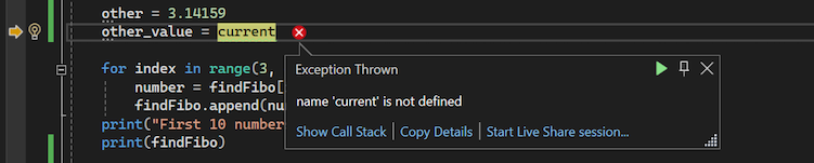 Schermopname van het Visual Studio-foutopsporingsprogramma voor Python met een pop-upvenster voor uitzonderingen.