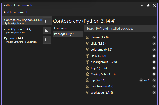 Schermafbeelding met de huidige pakketten voor de geselecteerde omgeving in het venster Python Omgevingen.