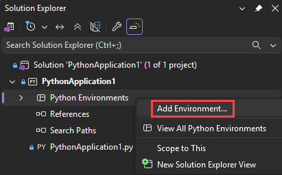 Schermafbeelding met de opdracht Omgeving toevoegen in Visual Studio.
