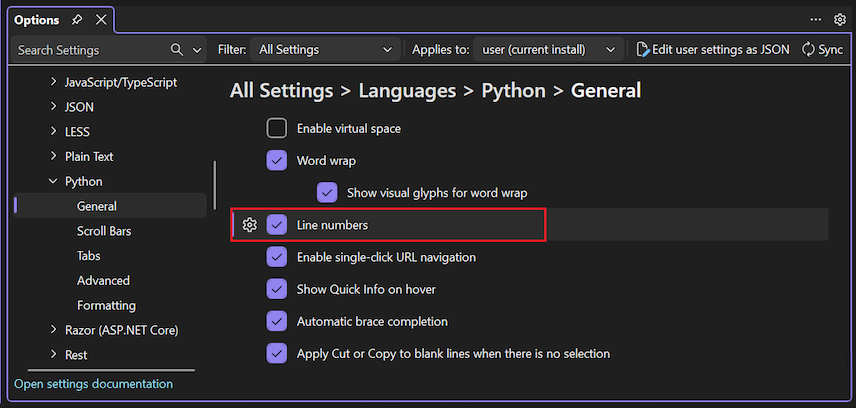 Schermopname van het inschakelen van regelnummering in de editor met de optie Algemene regelnummers van Talen voor Python.