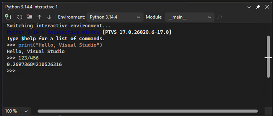 Schermopname die laat zien hoe het interactieve venster directe resultaten weergeeft voor code die u invoert in Visual Studio.