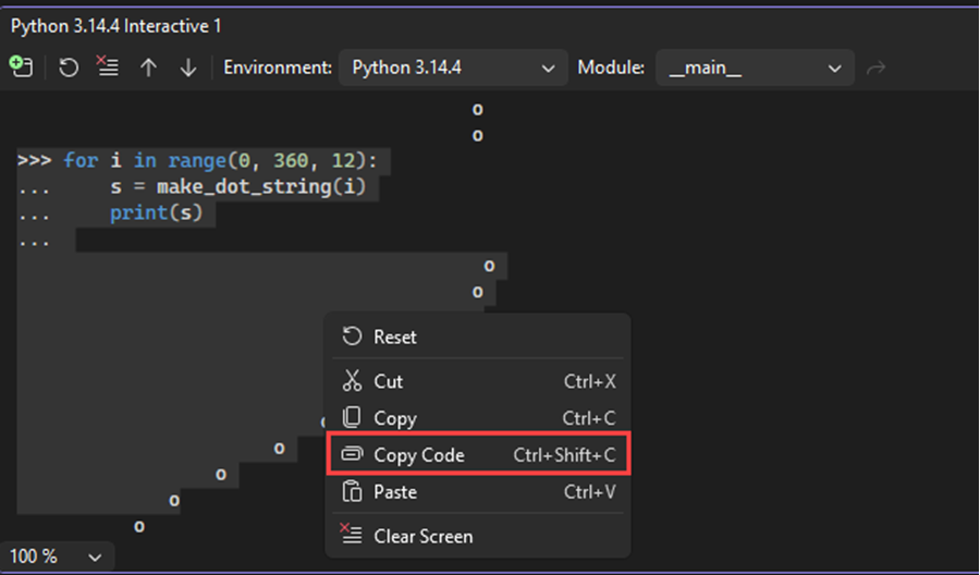 Schermopname die de opdracht 'Interactive Window-code kopiëren' toont op een selectie die prompts en uitvoer bevat in Visual Studio.