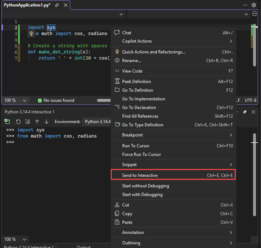 Schermopname van het verzenden van code voor het importeren en van instructies naar het interactieve venster in Visual Studio.