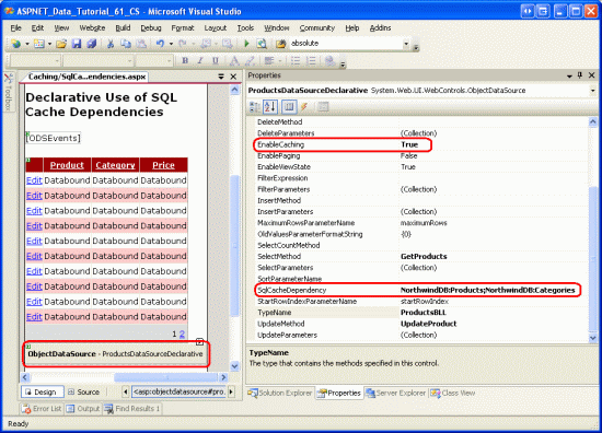 Configurar o ObjectDataSource para dar suporte ao cache usando dependências de cache SQL em produtos e categorias