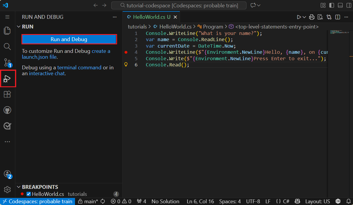 Opene a guia Depurar em Visual Studio Code