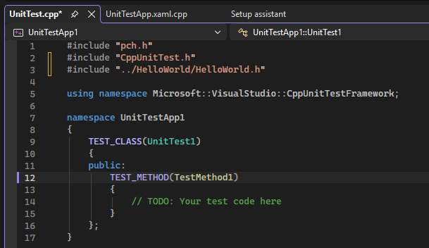 A captura de ecrã mostra uma classe e método stub usando as macros TEST_CLASS e TEST_METHOD no Visual Studio.