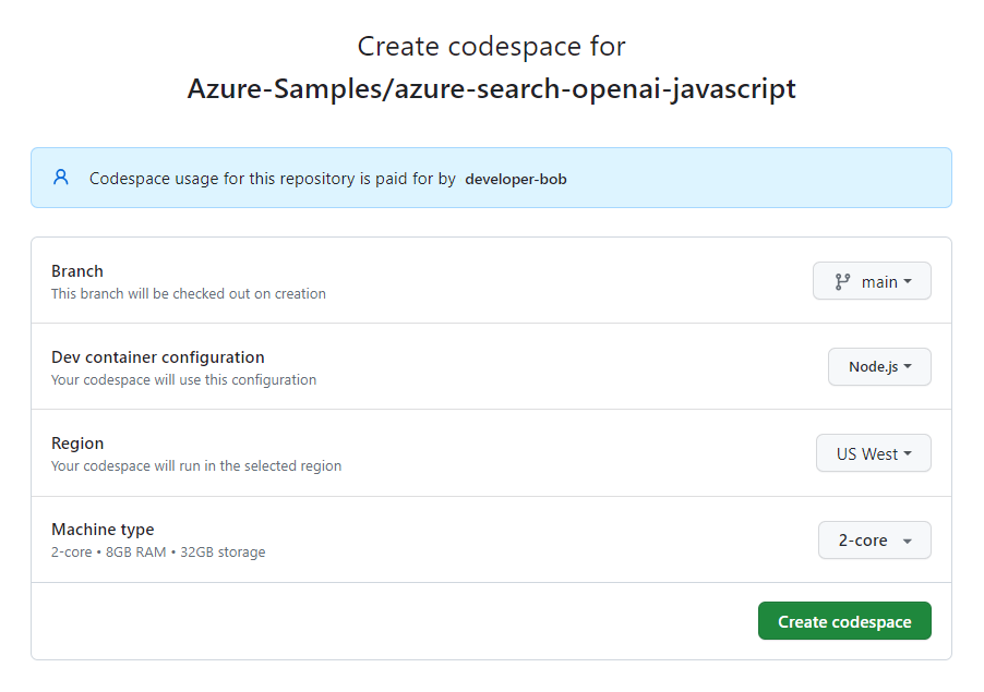 Skärmbild av bekräftelseskärmen innan du skapar en ny codespace.