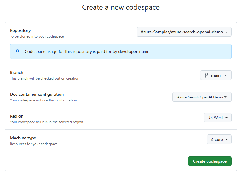 Skärmbild av bekräftelseskärmen för att skapa ett nytt GitHub-kodområde för exemplet.