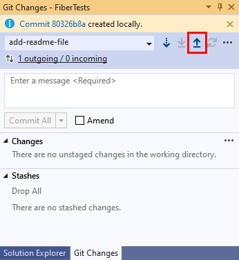 Skärmbild av uppåtpilknappen i fönstret 'Git-ändringar' i Visual Studio.