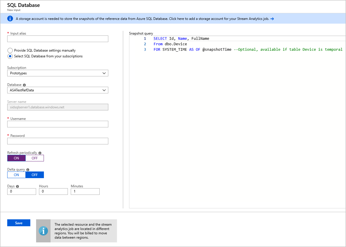 När SQL Database har valts visas den nya indatasidan för SQL Database. Det finns ett konfigurationsformulär i det vänstra fönstret och en ögonblicksbildfråga i den högra rutan.