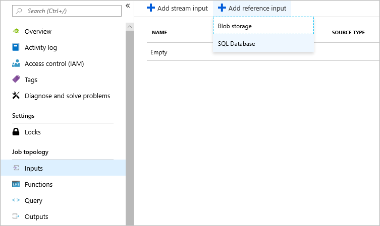 Indata har valts i det vänstra navigeringsfönstret. På Indata är + Lägg till referensindata valt, vilket visar en listruta som visar värdena Blob Storage och SQL Database.