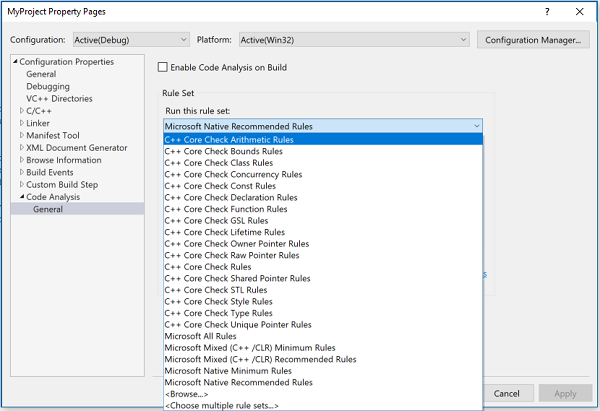 Rullgardinsmeny för ytterligare C++ Core Check-regelset.