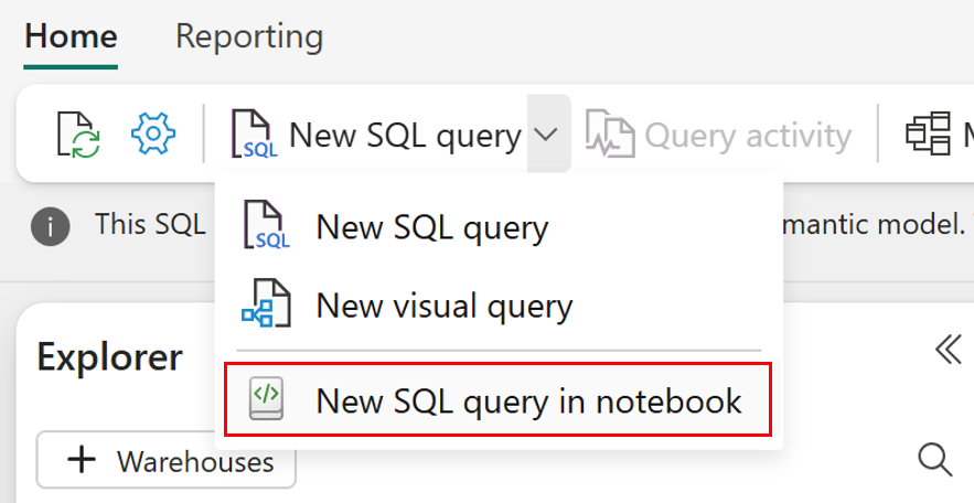 Skärmbild från SQL-frågeredigeraren för Fabric-portalen som visar listrutan Ny SQL-fråga.