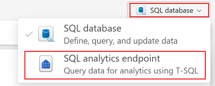 Skärmbild från Fabric-portalen som visar frågeredigerarens listruta som innehåller slutpunktsalternativen sql-databas och SQL-analys.