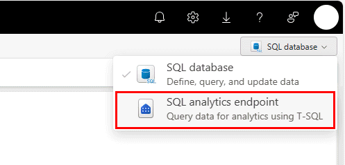 Skärmbild från Fabric-portalen av väljaren för rullgardinsmenyn för SQL-databas eller SQL-analys-slutpunkt.