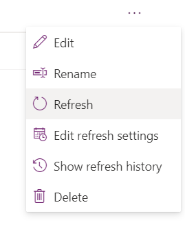 Screenshot of the dataflows context menu with the refresh option to manually run a dataflow.
