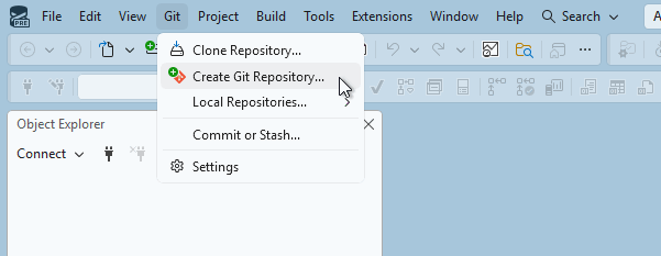 Skärmbild av alternativet Skapa Git-lagringsplats från Git-menyn i SQL Server Management Studio.