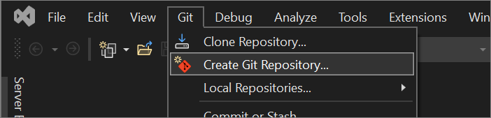 Skärmbild av alternativet Skapa Git-lagringsplats från Git-menyn i Visual Studio.