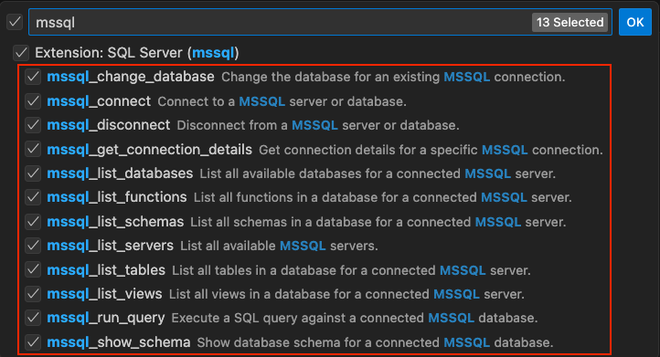 Skärmbild av en lista över SQL-specifika verktyg som bidragit med MSSQL-tillägget i Copilot-agentläge.
