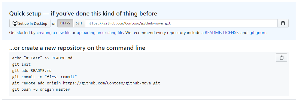Skärmbild av att importera kod till en GitHub-lagringsplats.