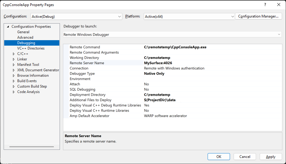 Skärmbild av fliken Felsökning i Visual Studio Solution Explorer Egenskaper. Felsökaren för att starta egenskapen är inställd på Remote Windows Debugger.