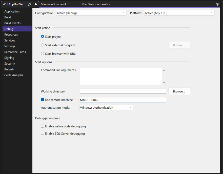 Skärmbild på fliken Felsökning i Visual Studio Project Egenskaper. Egenskapen Använd fjärrdator är inställd på MJO-DL:4026.